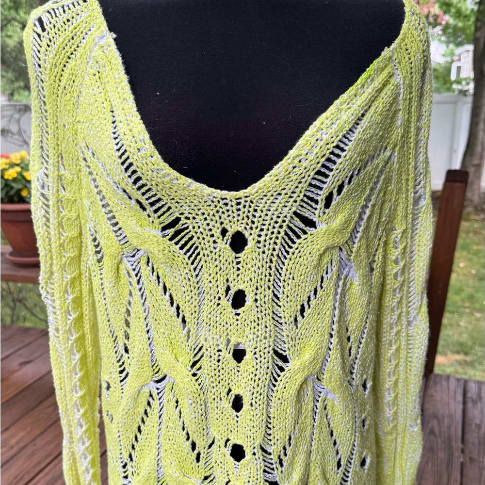 Free People Neon Yellow Open Knit Oversized Cable Sweater/ Boho Beach Cover Up